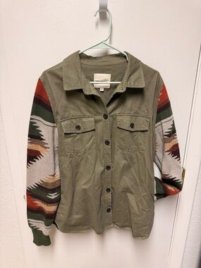 Thread & Supply Olive Utility Jacket with Patterned Knit Sleeves